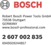 This is a product information label for a Bosch product, including the brand logo, company address, website, and product numbers. Produktbild-Vorschau