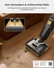 A wet dry vacuum cleaner is shown on a wooden floor, with a close-up inset showing its roller mechanism. Text highlights its tangle-free and streak-free performance. Produktbild-Vorschau