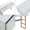 Collage of close-up shots of a white marble-look console table with gold legs, showing drawers and shelves. Náhled obrázku produktu