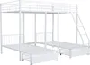 A white metal bunk bed with three beds and storage drawers underneath. Produktbild-Vorschau