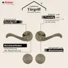 A diagram illustrating the features of a door handle set, with images of the handles and rosettes. Produktbild-Vorschau