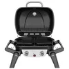 A black portable gas grill with its lid open, shown from a front-facing perspective on a white background. Produktbild-Vorschau