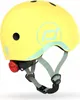 A yellow helmet with a red light attached to the back. Voir les images du produit