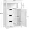 A white wooden cabinet with three drawers and an open door revealing shelves, with dimensions indicated by measurement lines. Produktbild-Vorschau