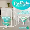 A white baby safety gate is shown in a kitchen or hallway setting, with text overlays highlighting its features. Anteprima dell’immagine prodotto