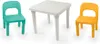 A white table with two children's chairs, one teal and one orange, arranged around it. Anteprima dell’immagine prodotto