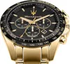 A close-up, studio shot of a gold and black Maserati chronograph watch. Produktbild-Vorschau