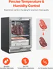 A dry-aging refrigerator with cuts of meat inside, alongside a visual comparison of meat before and after dry aging. Icons at the bottom highlight key features. Voir les images du produit