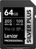 A close-up studio shot of a Lexar Professional Silver Plus 64GB SDXC V30 UHS-I SD card. Voir les images du produit
