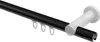 A black curtain rod with hooks and a white mounting bracket against a white background. Produktbild-Vorschau