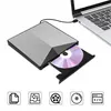 A silver and black external DVD drive with a CD inserted is connected to a laptop. Produktbild-Vorschau