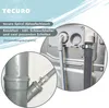 A close-up view of a washing machine drain hose connection and a drain pipe connection, with marketing text and a brand logo. Produktbild-Vorschau
