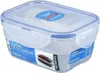 A clear plastic food container with a blue lid and locking mechanisms, shown from a slightly elevated angle. Produktbild-Vorschau