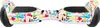 A white hoverboard with a colorful, cartoon-like pattern is shown from a side view against a white background. Náhled obrázku produktu