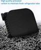 A black activated carbon filter for a refrigerator, surrounded by activated carbon pellets, with text overlay describing its function. Produktbild-Vorschau
