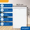 A white refrigerator with dimensions and feature callouts. Produktbild-Vorschau