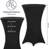 Two black stretch table covers are shown, one in full view and another partially shown with size indicators. The full view cover is standing upright, and the partial view cover shows measurements for diameter. Anteprima dell’immagine prodotto