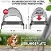 Two dog beds with dimensions and weight capacity, and a corgi dog running in the foreground with text overlay. Produktbild-Vorschau