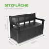 A black storage bench with dimensions indicated by lines and text overlays. Produktbild-Vorschau