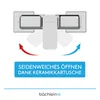 A diagram illustrating the smooth operation of a shower faucet, with arrows indicating movement and text highlighting a feature. Produktbild-Vorschau