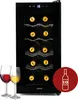 A black wine cooler filled with wine bottles, with two glasses of wine in the foreground and a red overlay with a wine bottle icon. Produktbild-Vorschau