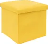 A yellow cube-shaped ottoman with a textured fabric surface.