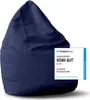 A navy blue beanbag chair is shown against a white background, with a promotional badge in the corner. Náhled obrázku produktu