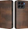 A brown leather flip case for a smartphone, shown from the front and back. Produktbild-Vorschau
