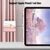 A rose gold iPad case with an Apple Pencil attached, displayed against a backdrop of pink curtains and a table. Produktbild-Vorschau