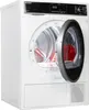 A white Sharp heat pump dryer with the door open, showing a red garment inside. Produktbild-Vorschau