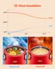A collage showing a temperature graph and two red insulated beverage dispensers, one filled with ice and drinks, the other with hot soup. Produktbild-Vorschau