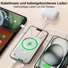 Multiple electronic devices, including smartphones and earbuds, are shown being charged by a power bank and cables. Produktbild-Vorschau