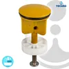 A close-up studio shot of a yellow drain plug assembly against a white and light gray background. Produktbild-Vorschau