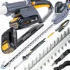 A collection of parts and accessories for a cordless hedge trimmer, including batteries, blades, and a strap. Produktbild-Vorschau