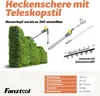 A hedge trimmer with a telescopic handle is shown next to a neatly trimmed hedge, with product specifications listed below. Produktbild-Vorschau