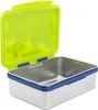 An open stainless steel lunchbox with a lime green lid. Produktbild-Vorschau