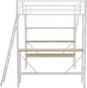 A white metal loft bed with wooden shelves and a ladder, shown from the front against a white background. Anteprima dell’immagine prodotto