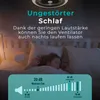 A young girl sleeping in bed, with a ceiling fan above and a graphic illustrating sound levels at the bottom. Produktbild-Vorschau