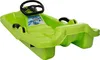 A green plastic sled with a steering wheel and a sticker on a white background. Produktbild-Vorschau