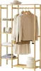 A wooden garment rack with clothes and accessories on shelves and hanging rods. Produktbild-Vorschau