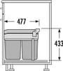 A diagram showing the dimensions of a kitchen waste bin system. Produktbild-Vorschau