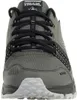A close-up, front-facing view of a gray and black trail running shoe. Voir les images du produit