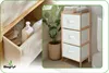 A collage showing a close-up of an open storage drawer with a bottle and towels, and a separate image of a bamboo dresser with fabric drawers in a bathroom setting. Podgląd zdjęcia produktu