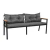 A two-seater outdoor bench with gray cushions and wooden armrests, presented on a white background. Produktbild-Vorschau