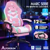 A pink gaming chair with LED lights and massage features, displayed in a marketing image with overlaid text and graphics. Podgląd zdjęcia produktu