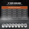 A table showing different sizes of press sleeves, with a row of the actual products at the bottom. Produktbild-Vorschau