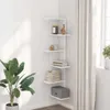 A white corner shelf unit with items on it, next to a window with curtains and a plant. Anteprima dell’immagine prodotto