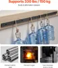A sliding door track system with water bottles hanging from it, and close-up images of materials and manufacturing. Podgląd zdjęcia produktu