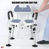A person's hand is shown adjusting a shower chair with vacuum suction foot pads. Produktbild-Vorschau