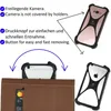 The image shows a brown wallet-style phone case with a phone being inserted and removed, along with close-ups of phone cases and descriptive text. Produktbild-Vorschau
